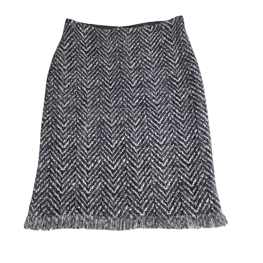 Chevron Tweed Virgin Wool Fringe Skirt 10 Gray Vintage Italy Old Money Classic